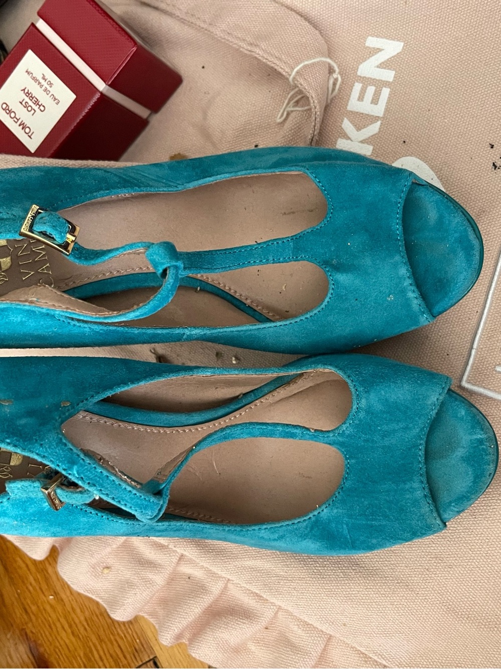 Cole Haan Teal Suede T-Strap Peep-Toe Heels with Gold Buckle